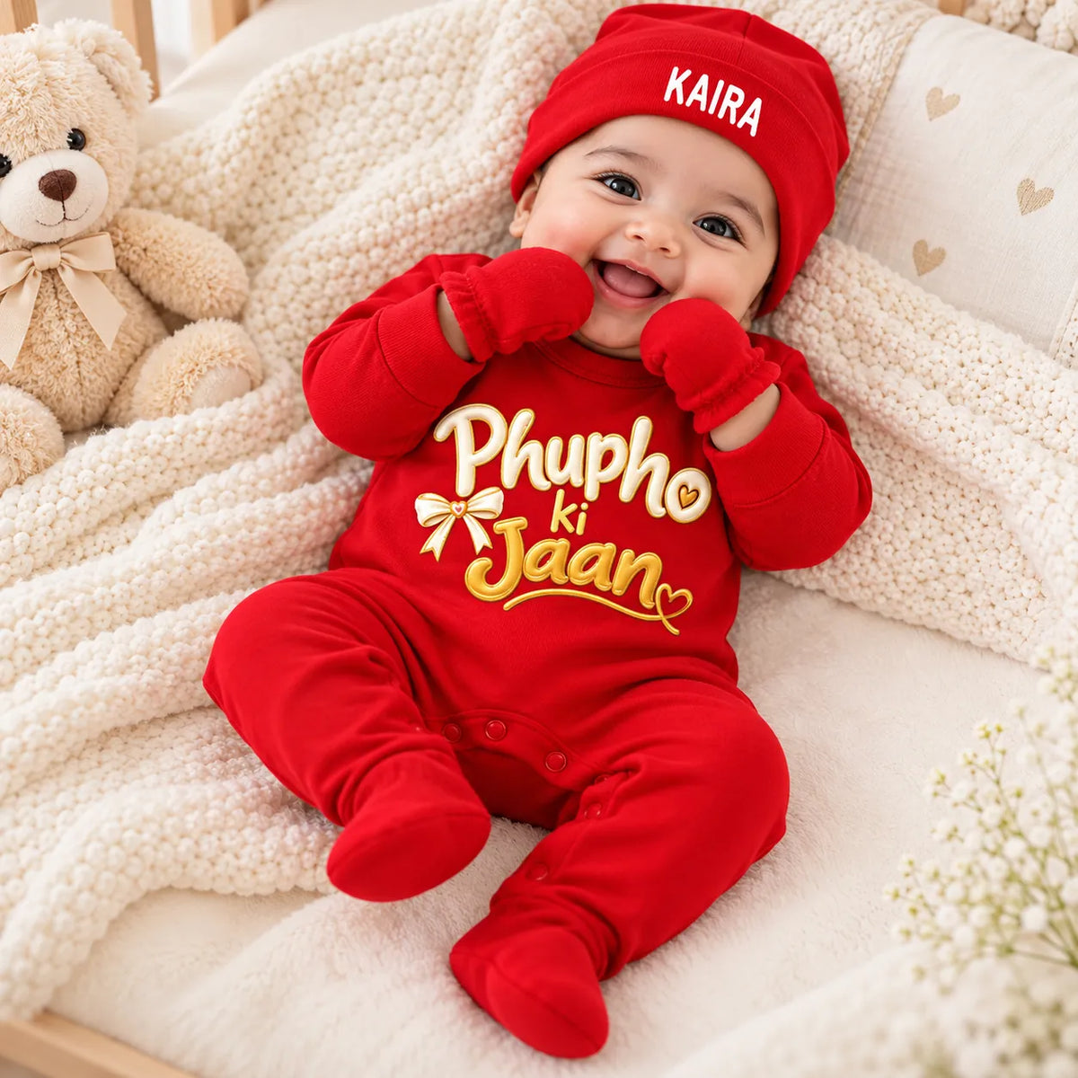 Phupho Ki Jaan Personalized Baby Gift Set with Name Print – Jumpsuit, Cap, Mittens & Booties