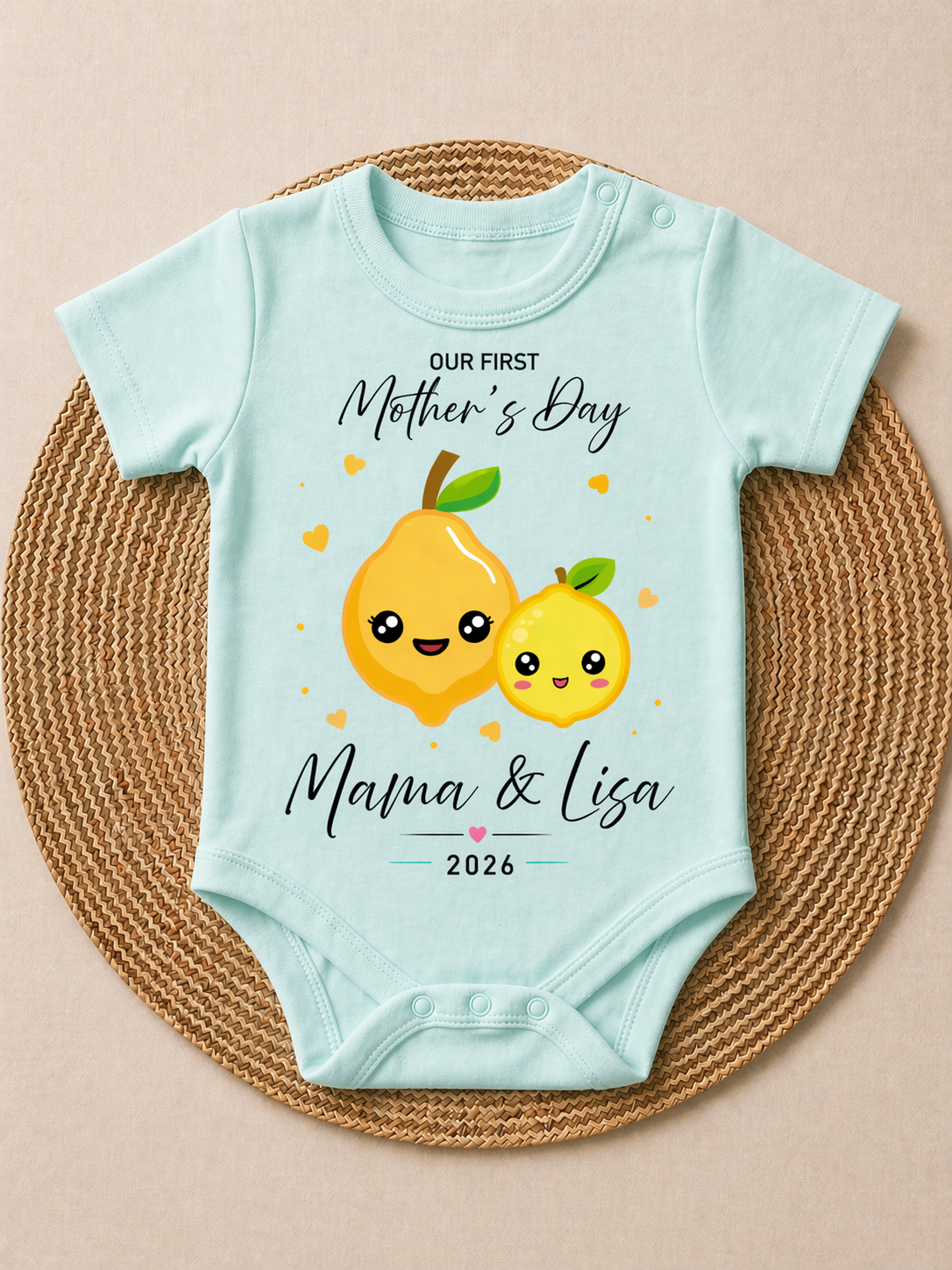 Our First Mother’s Day Baby Romper 2026 | Cute Mama & Baby Lemon Print Bodysuit | Personalized New Mom Gift | Infant Onesie