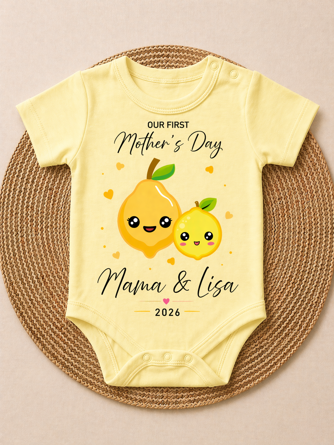 Our First Mother’s Day Baby Romper 2026 | Cute Mama & Baby Lemon Print Bodysuit | Personalized New Mom Gift | Infant Onesie