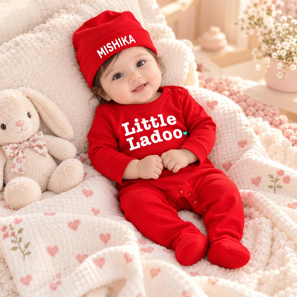 Little Ladoo Personalized Baby Gift Set with Name Print – Jumpsuit, Cap, Mittens & Booties