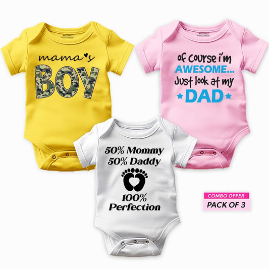 Mom and Dad Pack of 3 Rompers For Baby Boy - Set B