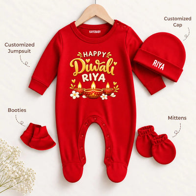 Personalized Baby Diwali Gift Set with Name Print – Jumpsuit, Cap, Mittens & Booties
