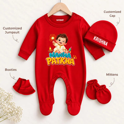 Personalized Baby Diwali Patakha Romper Set with Name Cap