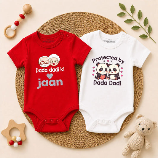 Dada Dadi Ki Jaan & Protected By Dada Dadi Baby Romper Combo Set