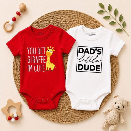 You Bet Giraffe I'm Cute & Dad's Little Dude Baby Romper Combo Set