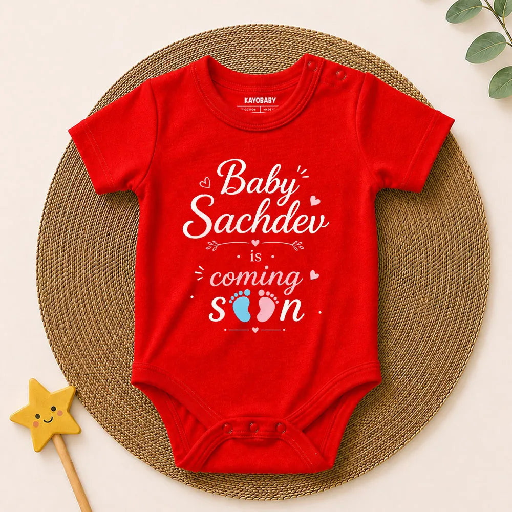 Personalized Baby Coming Soon Romper – Custom Baby Name Newborn Announcement Outfit