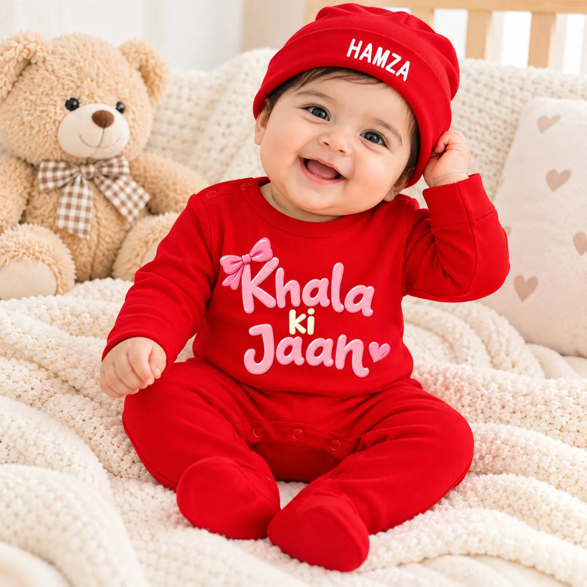 Khala Ki Jaan Personalized Baby Gift Set with Name Print – Jumpsuit, Cap, Mittens & Booties