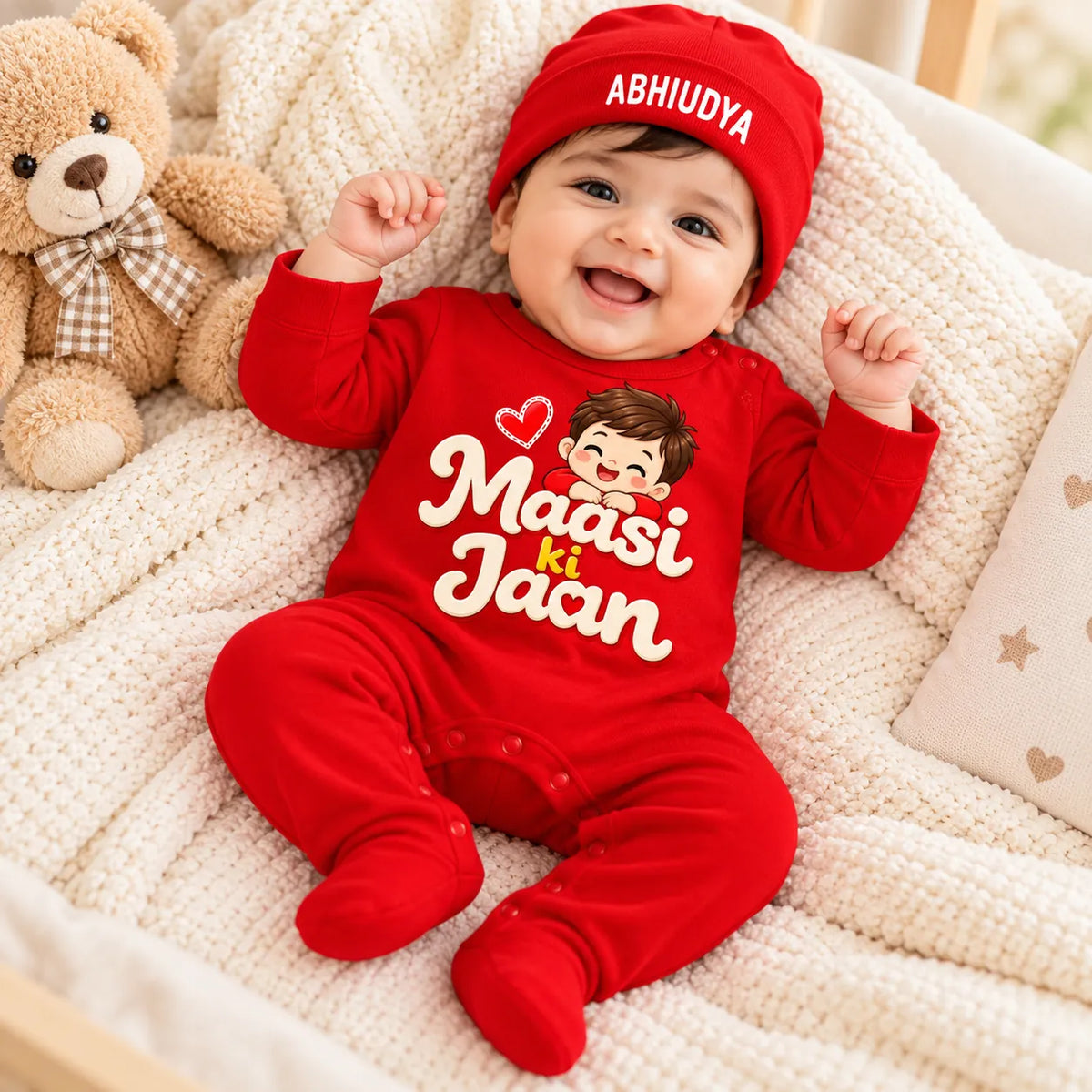 Maasi Ki Jaan Personalized Baby Boy Gift Set with Name Print – Jumpsuit, Cap, Mittens & Booties