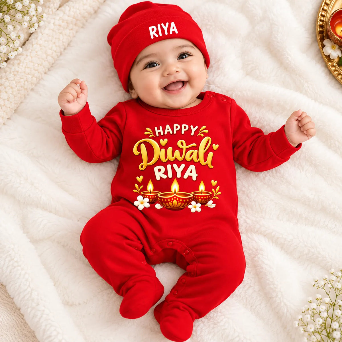 Personalized Baby Diwali Gift Set with Name Print – Jumpsuit, Cap, Mittens & Booties