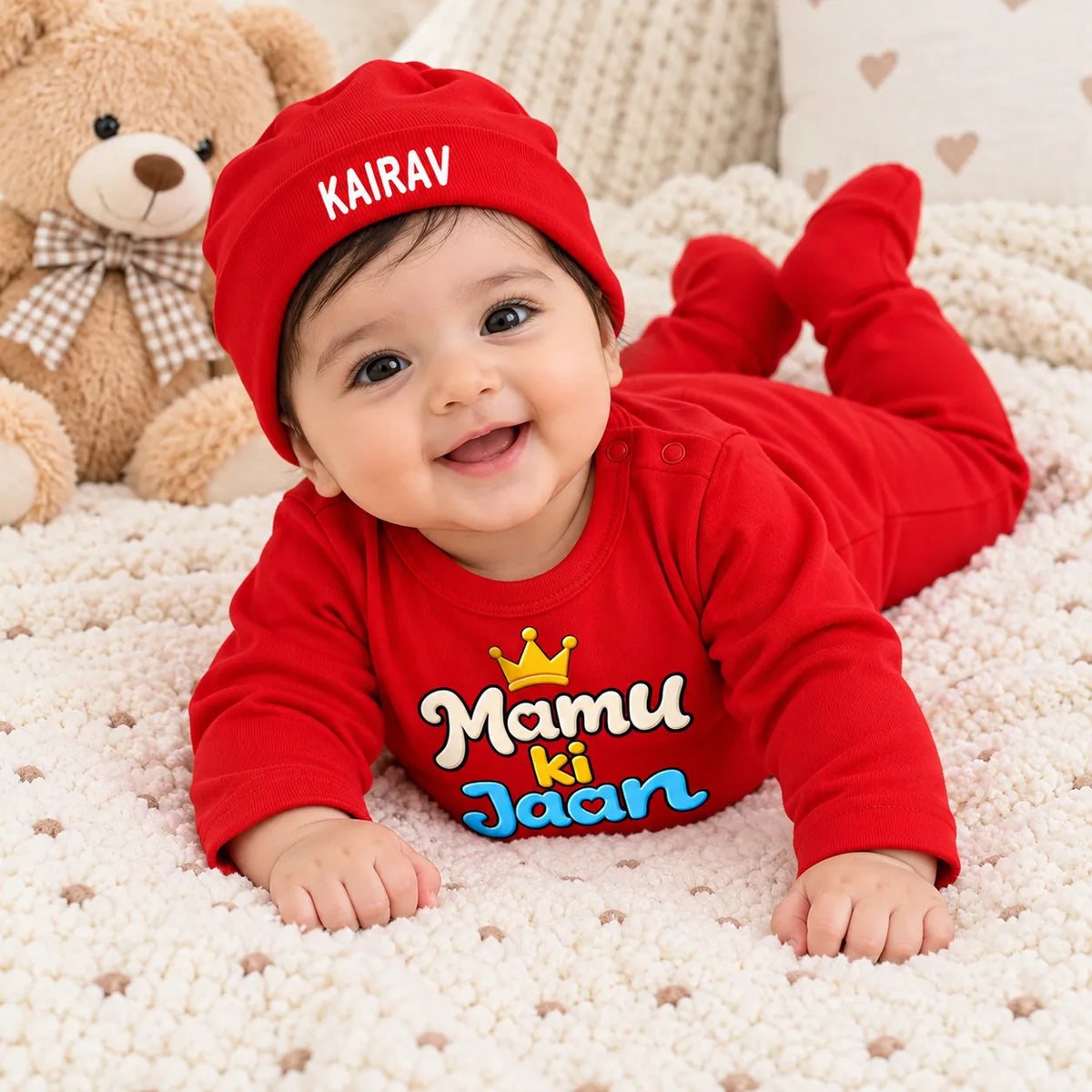 Mamu Ki Jaan Personalized Baby Gift Set with Name Print – Jumpsuit, Cap, Mittens & Booties