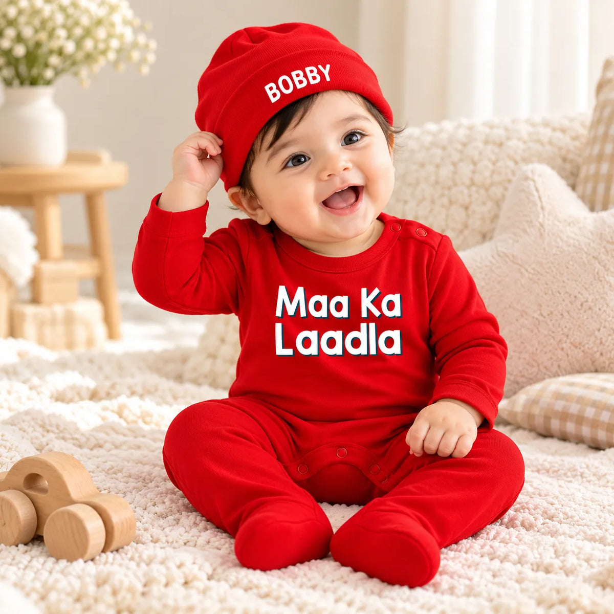 Maa Ka Laadla Personalized Baby Gift Set with Name Print – Jumpsuit, Cap, Mittens & Booties
