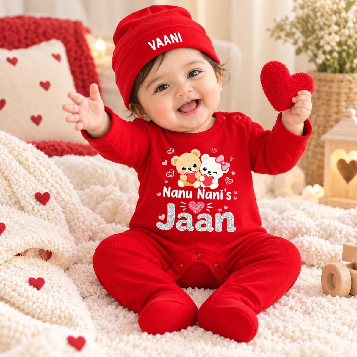 Nanu Nani Ki Jaan Personalized Baby Gift Set with Name Print – Jumpsuit, Cap, Mittens & Booties