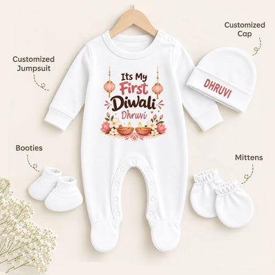 Personalized Baby’s First Diwali White Romper Set with Name Cap