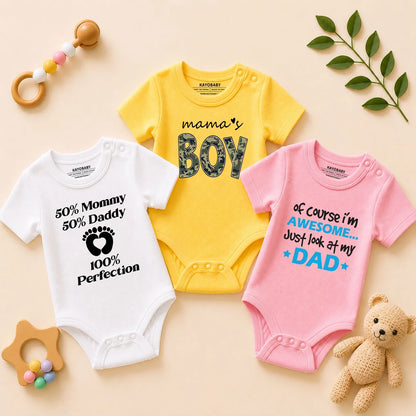Mama’s Boy & 100% Perfection Baby Romper Combo Set (Pack of 3)