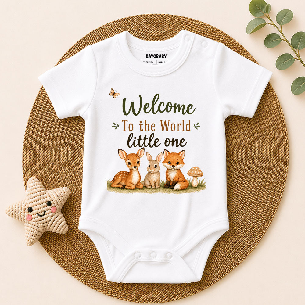 Welcome To The World Little One Romper – Woodland Baby Shower Outfit