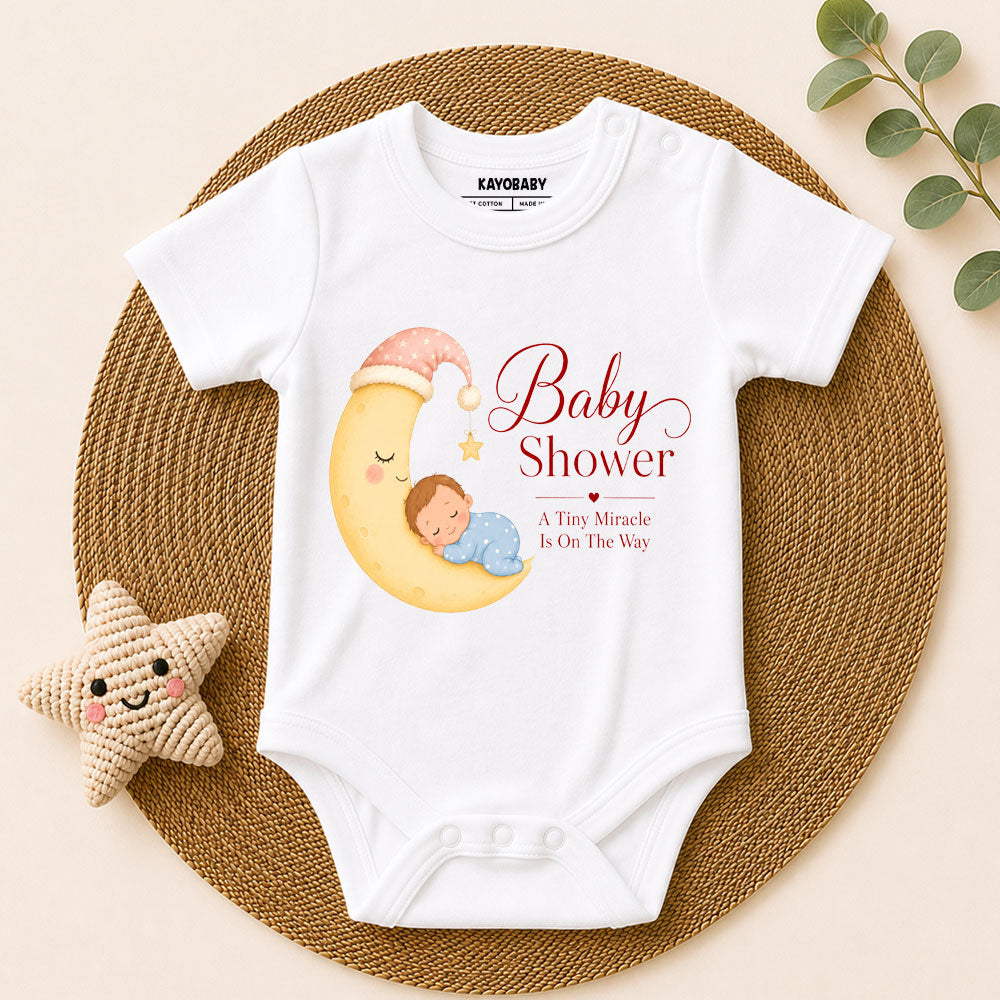 Baby Shower Miracle Is On The Way Romper – Cute Moon & Baby Baby Shower Outfit