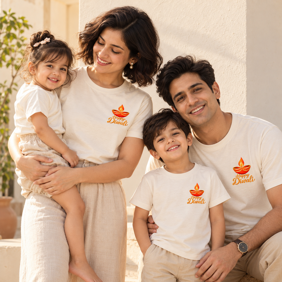 Happy Diwali Family Matching T-Shirts | Minimal Diya Print Tees for Mom, Dad & Kids (Set of 4)