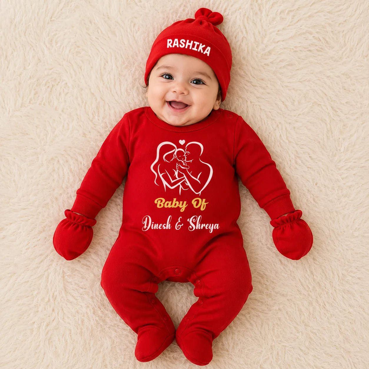 Baby of Parent's Names Personalized Baby Gift Set – Romper, Cap, Mittens & Booties