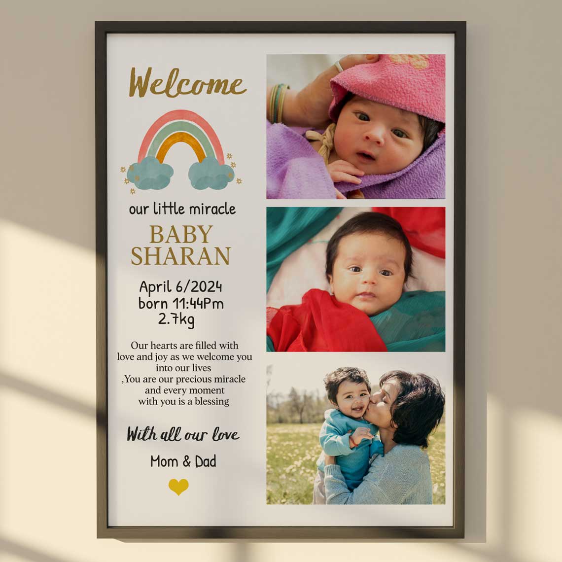 KayoBaby baby birth frame with three images personalized India