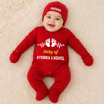 Baby of couple Names Personalized Baby Gift Set – Romper, Cap, Mittens & Booties