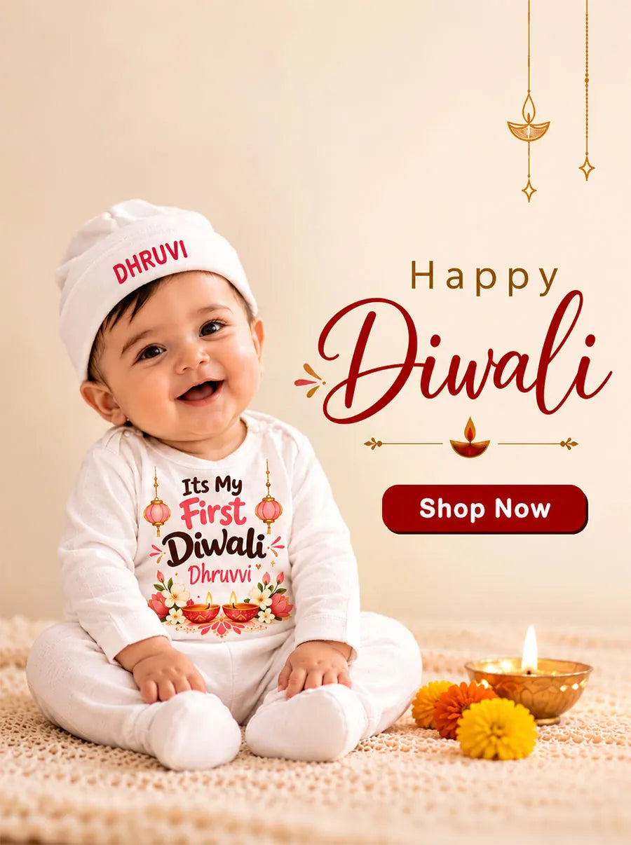 Baby in personalised My First Diwali romper and cap – KayoBaby Diwali collection