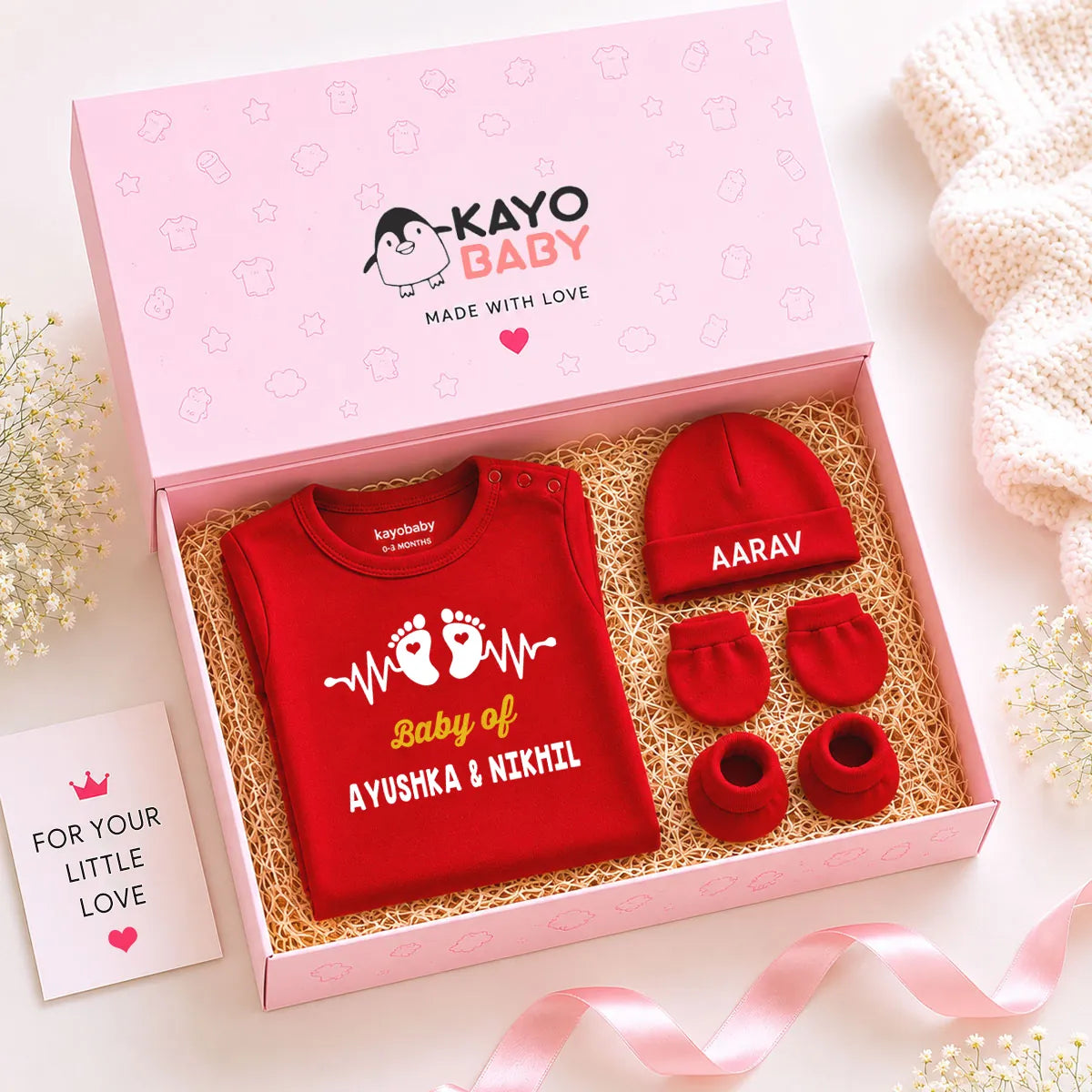 Baby of couple Names Personalized Baby Gift Set – Romper, Cap, Mittens & Booties