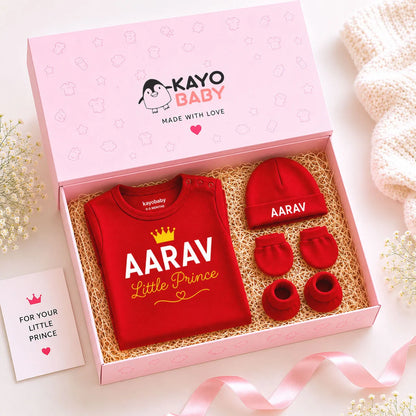 Little Prince Personalized Baby Gift Set with Name Print – Romper, Cap, Mittens & Booties