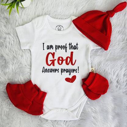 I Am Proof That God Answers Prayers Romper Set with Cap / Mitten / Booties For Newborn (Copy)
