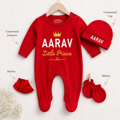 Little Prince Personalized Baby Gift Set with Name Print – Romper, Cap, Mittens & Booties