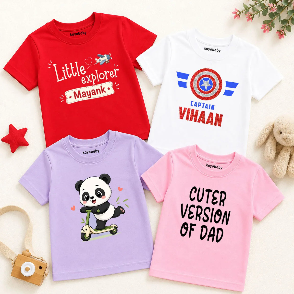 Personalized Captain Kids T-Shirt Combo Pack of 4 | Custom Name Cotton Half Sleeve Tees for Boys