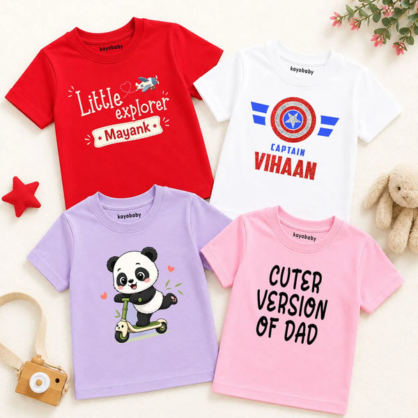 Personalized Captain Kids T-Shirt Combo Pack of 4 | Custom Name Cotton Half Sleeve Tees for Boys