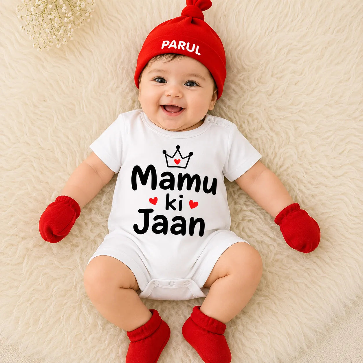 Mamu ki Jaan Romper Set with Cap / Mitten / Booties For Newborn