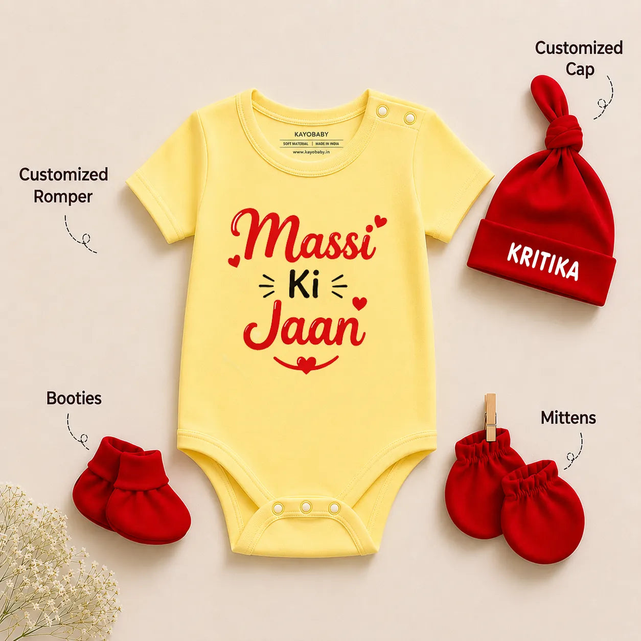 Massi Ki Jaan Romper Set with Cap / Mitten / Booties For Newborn