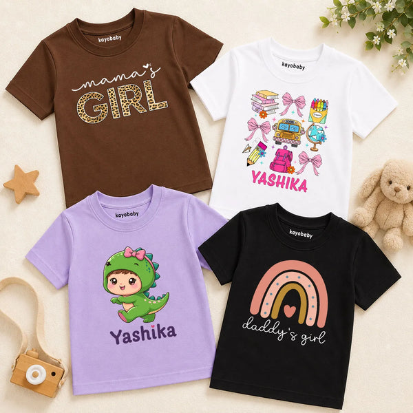 Personalized Girls T-Shirt Combo Pack of 4 | Custom Name Cotton Half Sleeve Graphic Tees