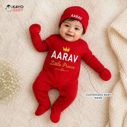 Little Prince Personalized Baby Gift Set with Name Print – Romper, Cap, Mittens & Booties