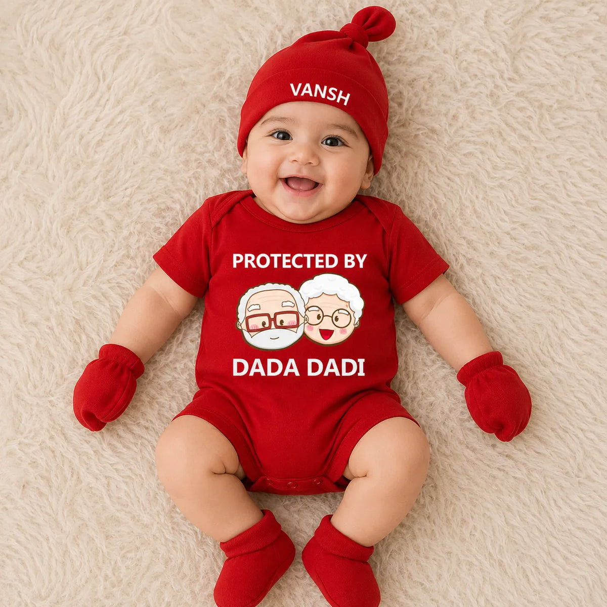 Protected By Dada Dadi Gift Set with Romper / Cap / Mitten / Booties for Newborn