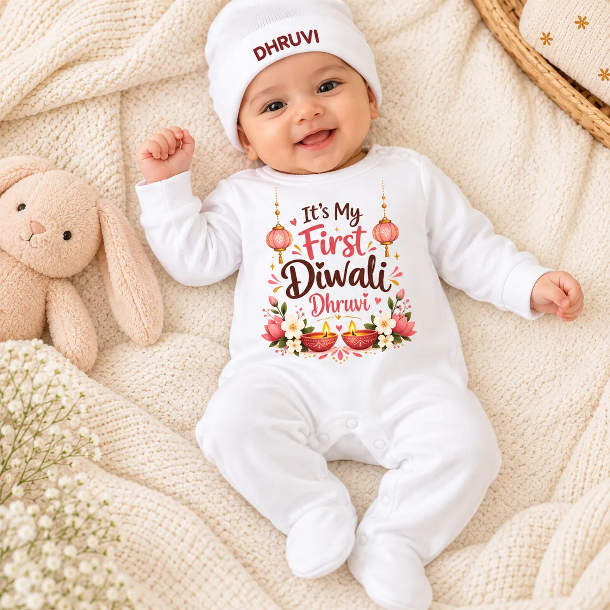 Personalized Baby’s First Diwali White Romper Set with Name Cap