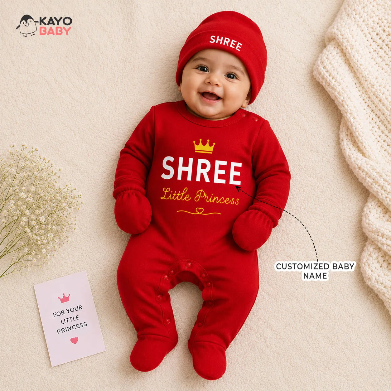 Little Princess Personalized Baby Gift Set with Name Print – Romper, Cap, Mittens & Booties